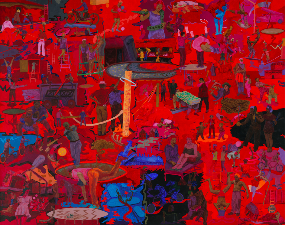 Wiener Freiheit. Wunderschönes rotes Gemälde mit blauen Akzenten, Orange, Schwarz