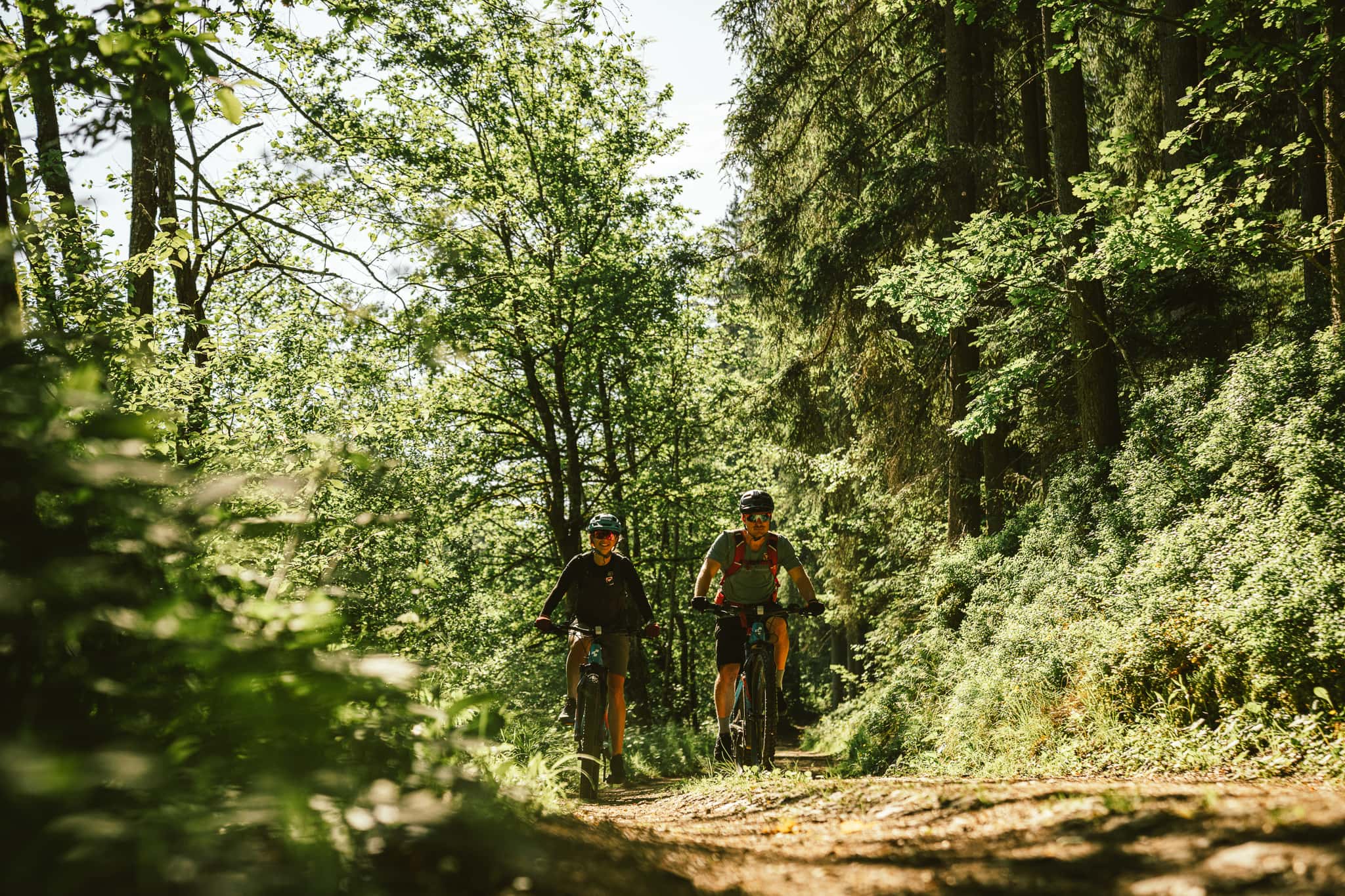 2 Radfahrer bei herbstlicher Radtour durch den Wald von Klagenfurt auf den Magdalensberg
