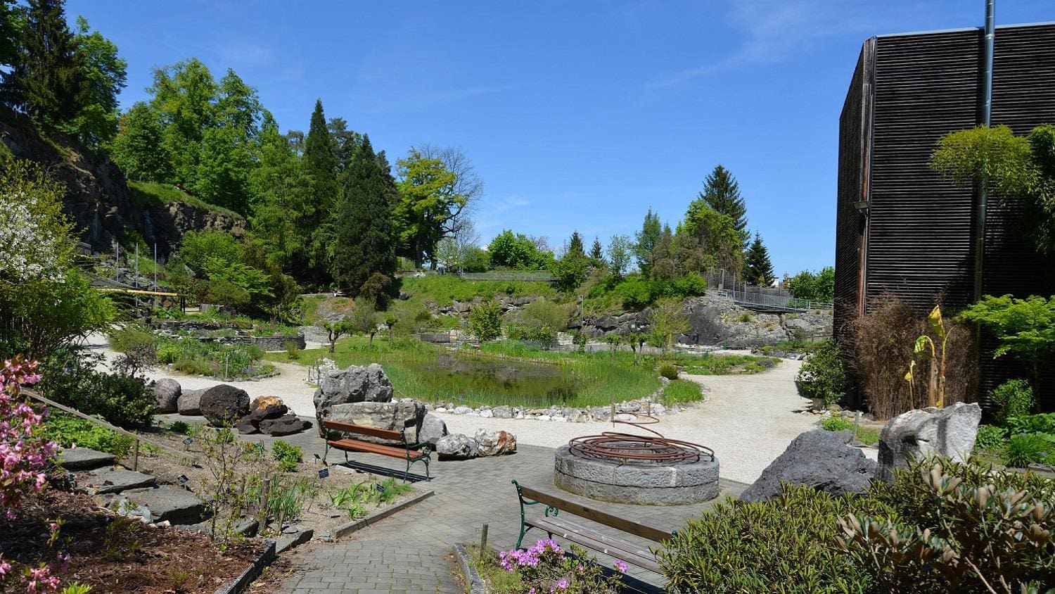 Blick in den Bontanischen Garten am Klagenfurter Kreuzbergl. Ein angelegter Teich, Bäume, die Schatten spenden und Parkbänke laden zum Veweilen ein