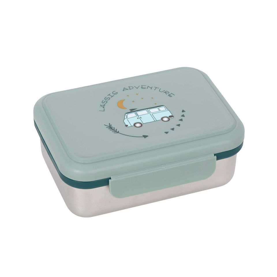 Jausenbox von Schmid Kinderwagen in mint und weiß mit einem Aufdruck "lässig Adventure" und einem Campingbus