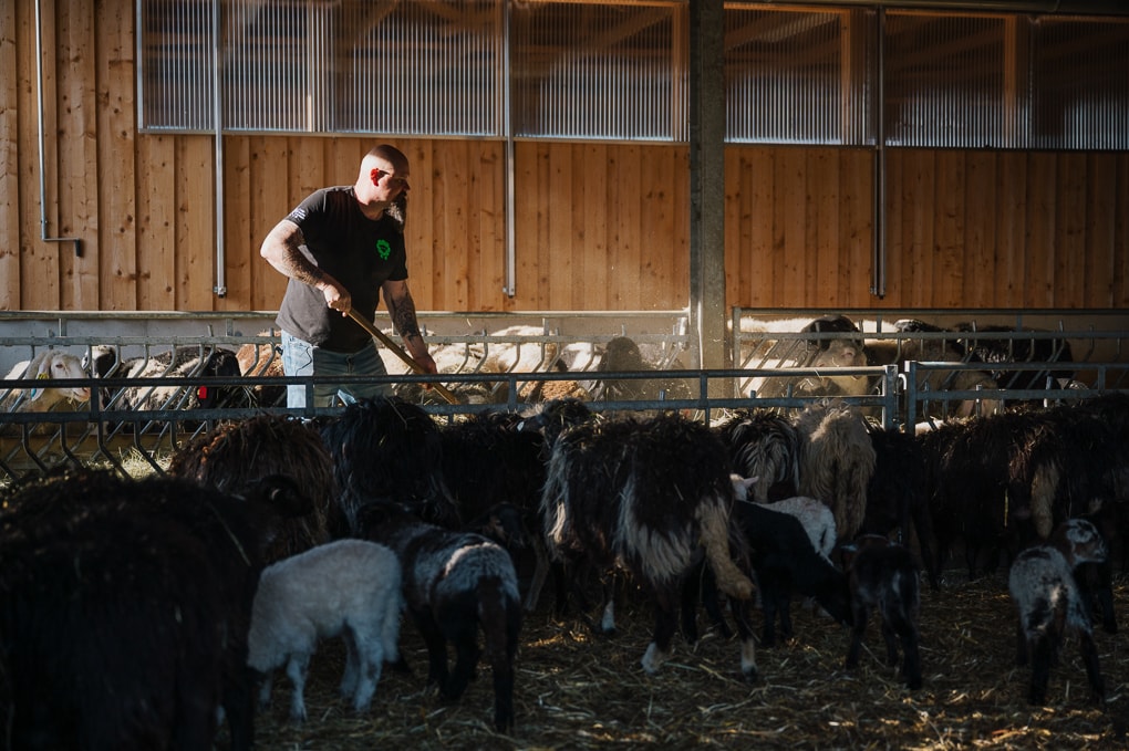 Shoaf-Bauer Thomas Koch beim Reinigen des Ziegenstalls