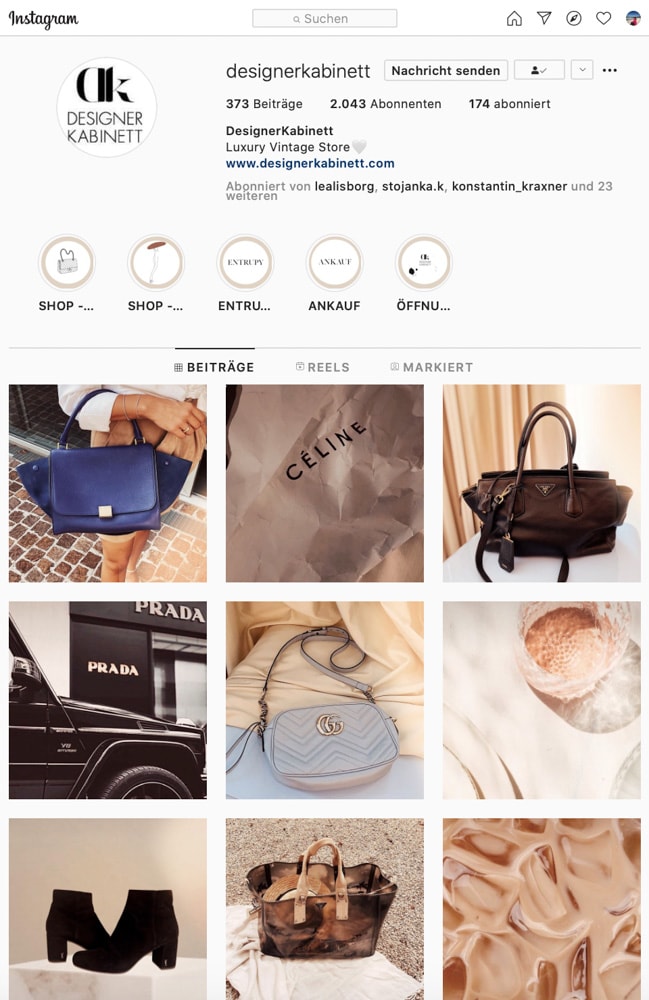 die Instagramseite vom Designerkabinett in Klagenfurt mit vielen Fotos von den aktuellen Designerstücken: Taschen, Schuhe, Brieftaschen, die im Herbst Trend sind