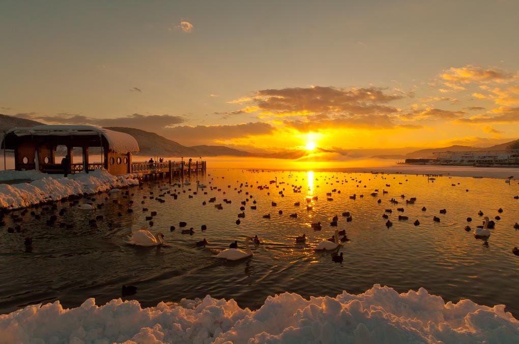 Ausblick auf Wörthersee im Winter mit Schnee und Schwänen im Wasser bei Sonnenuntergang 