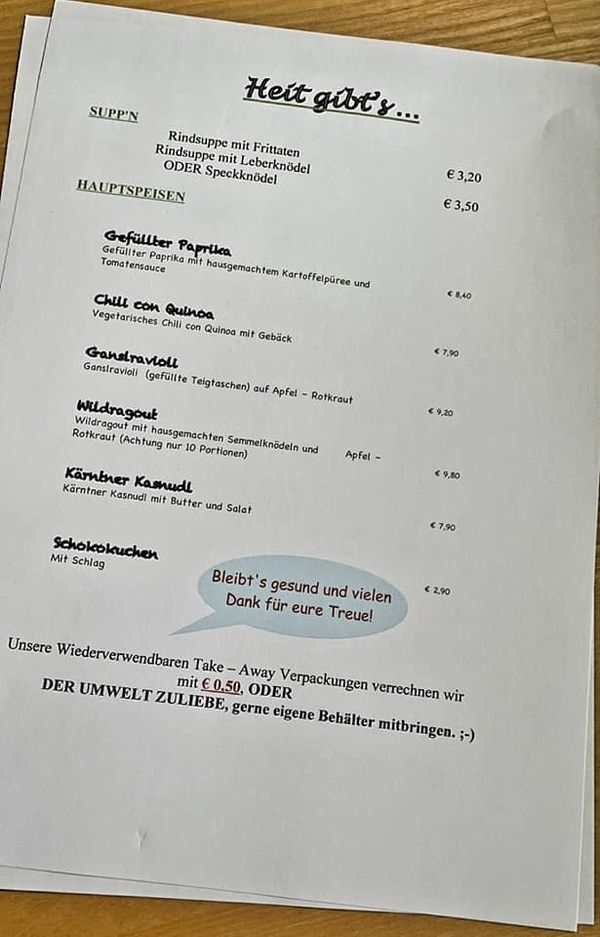 Speisekarte von Zua(g)Rast