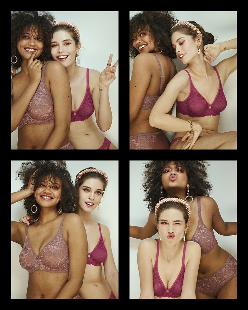 Fotocollage mit zwei Damen, die die neue Unterwäschekollektion von Triumpf tragen, sie haben sichtlich Spaß, die bequemen BHs aus magenta und fliederfarbener Spitze zu zeigen