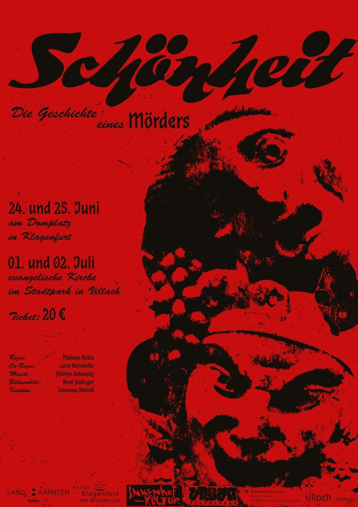 Plakat in rot und schwarz zur Veranstaltung Schönheit von Urban Playground im Rahmen von Salon Inge Bachmann in Klagenfurt