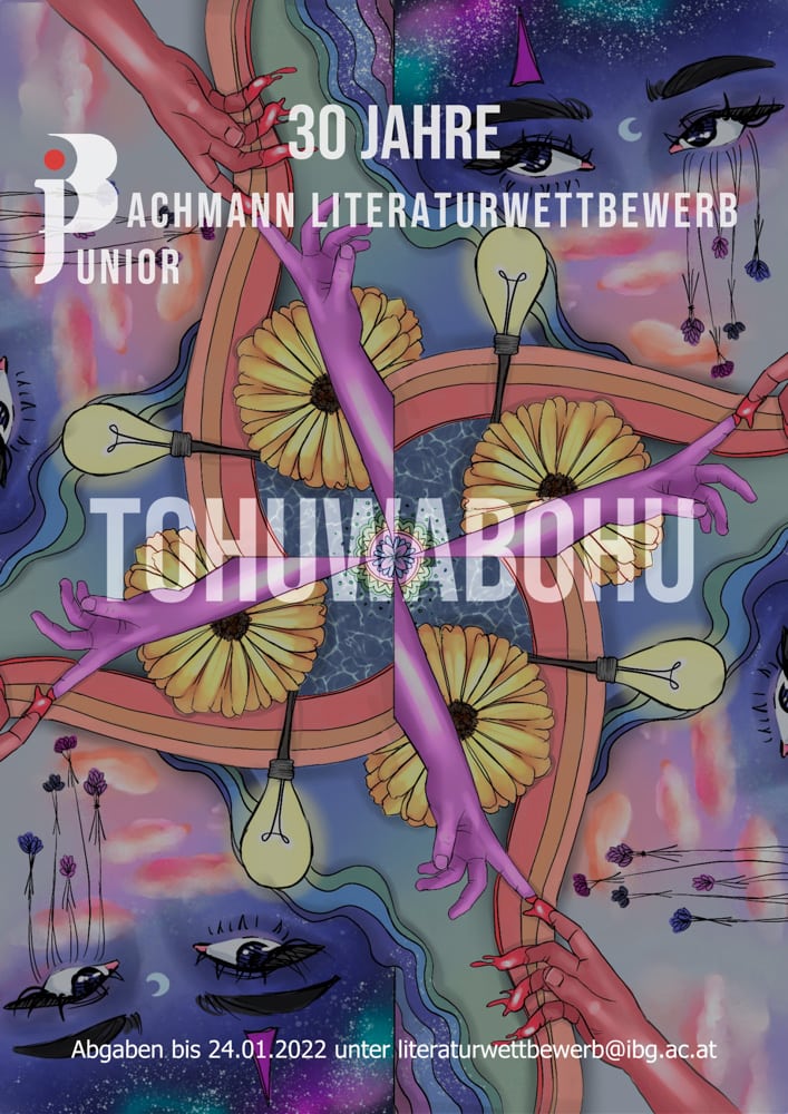 Plakat zum Bachmann Jugendliteraturwettbewerb, 30 Jahre Jubiläum, das Motto ist Tohuwabohu