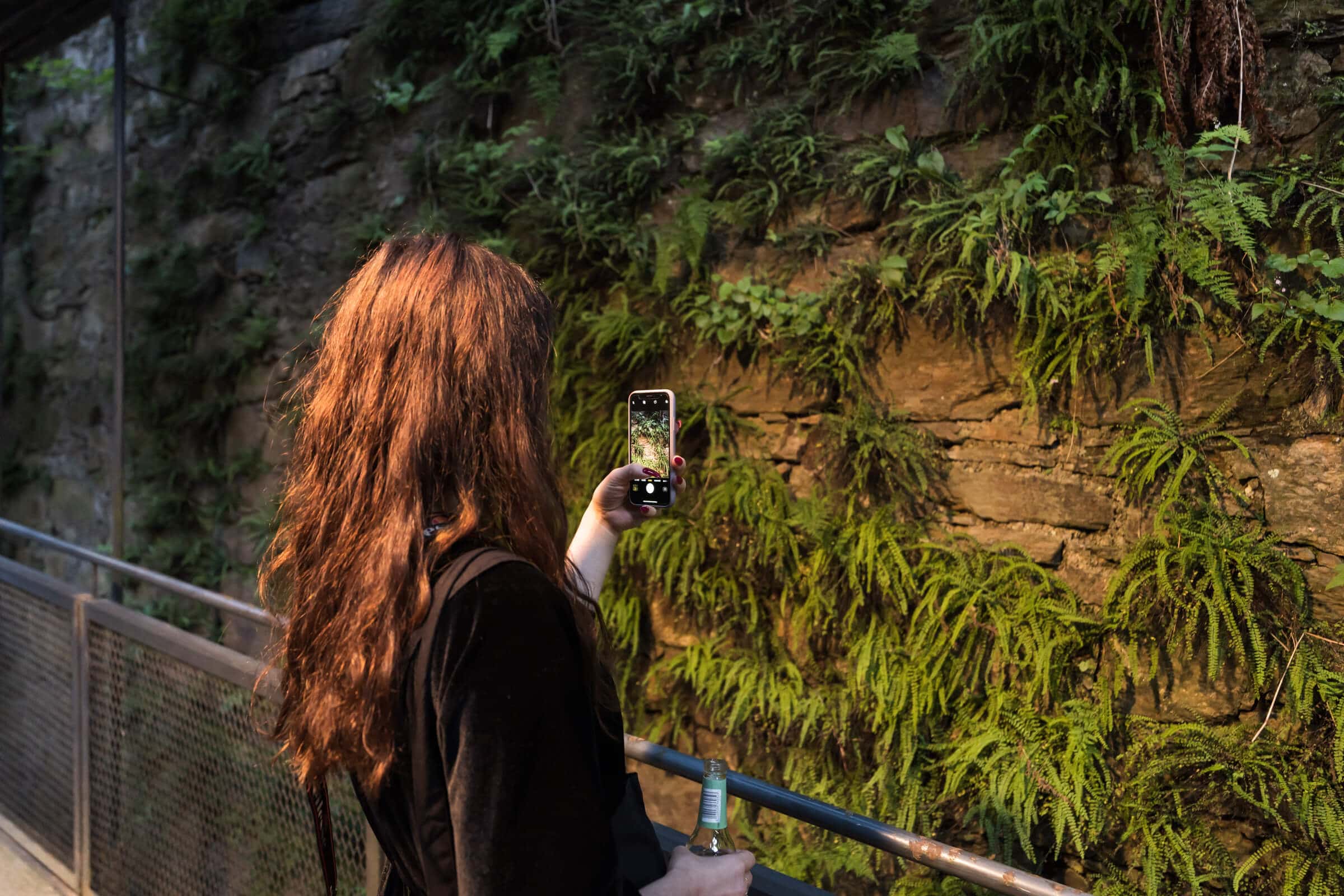 Ausstellungsbesucherin macht mit dem Hand ein Foto der bepflanzen Wand im Domenig Steinhaus am Ossiacher See 