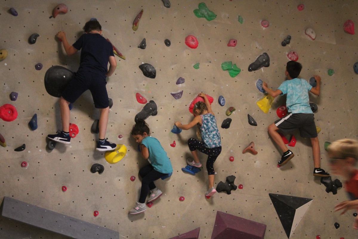 Blick auf eine Boulderwand mit bunten Griffen, auf der vier Kinder nebeneinander bouldern