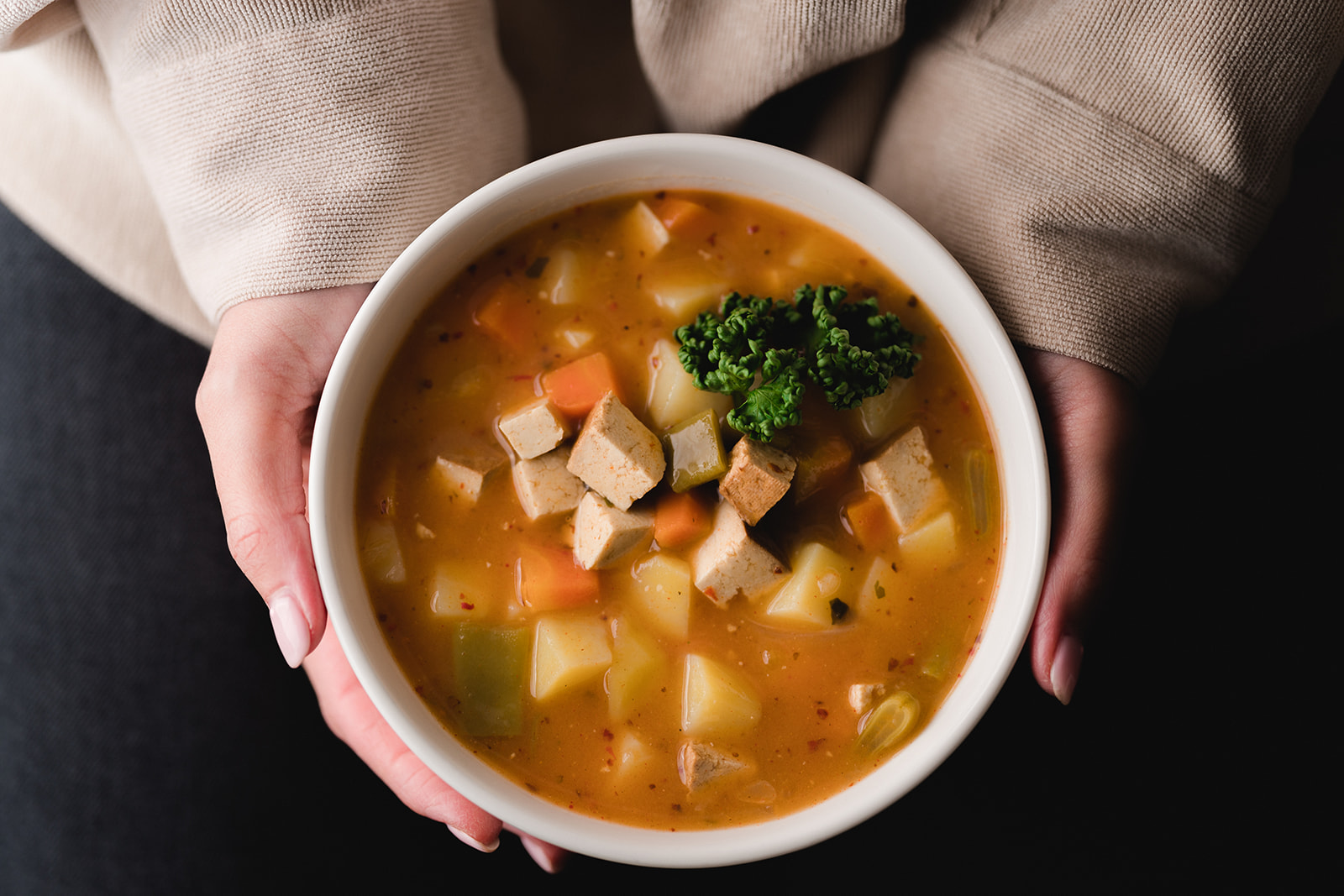 Eine Schüssel voll Winter-Gemüsesuppe von oben, die von zwei Frauenhänden umfasst wird