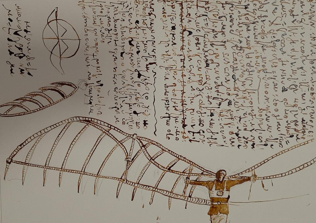 Skizze und Niederschrift von Leonardo da Vinci in der Ausstellung Salvator Mundi - der ewige Traum vom Fliegen in Klagenfurt